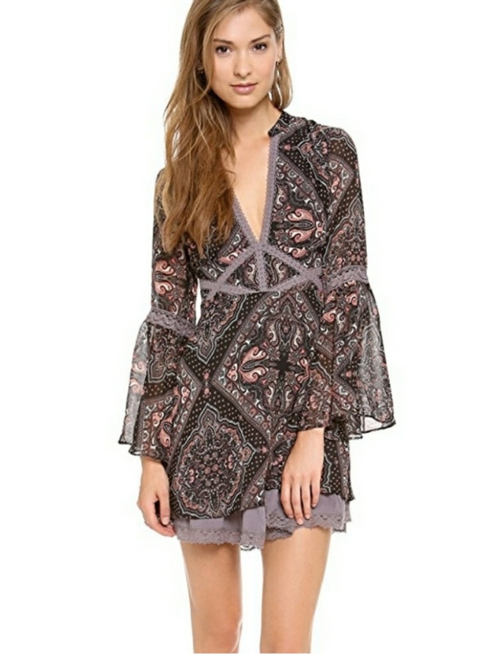 Free People Brown Paisley Long Sleeve Dress with Pink Lace Trim